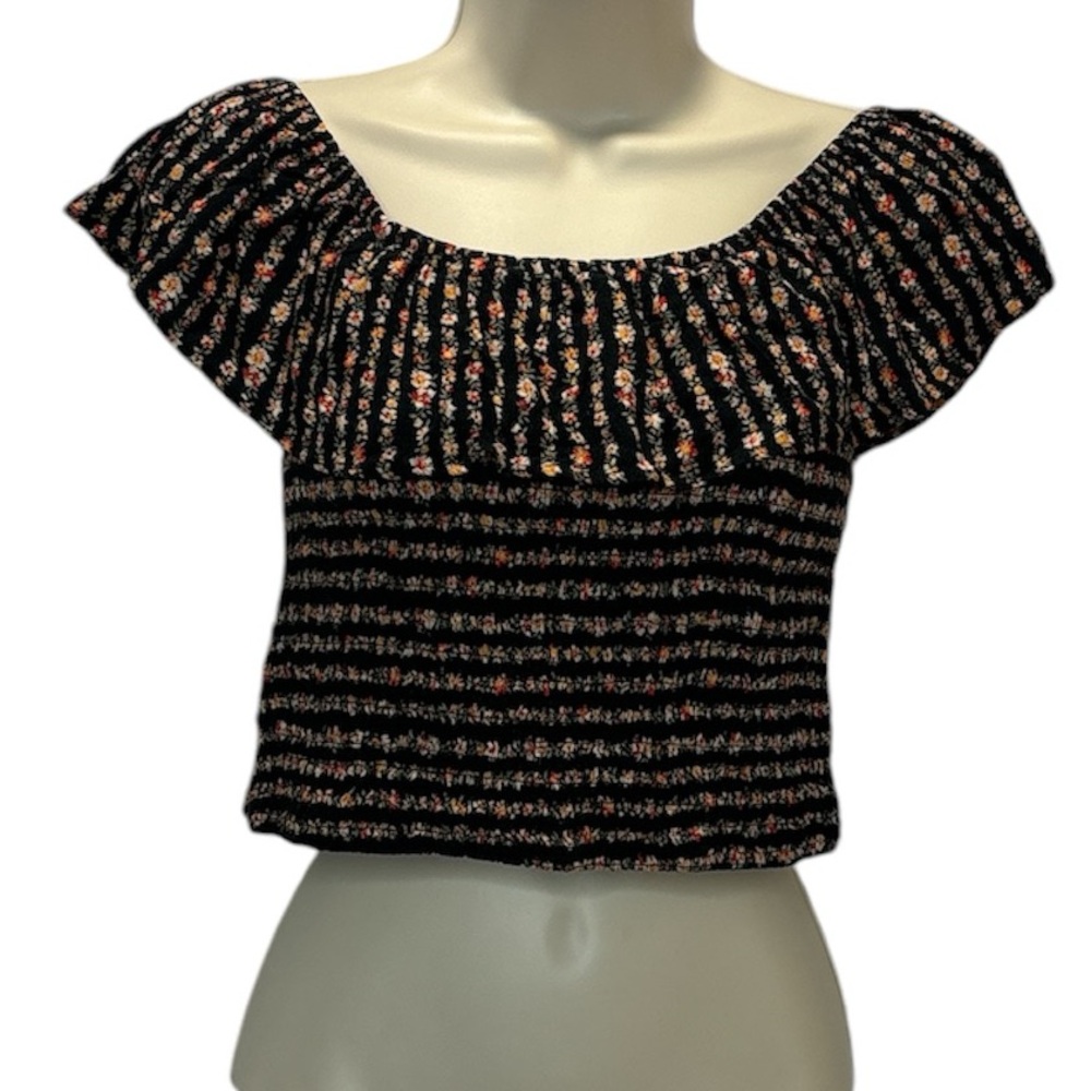 American Eagle Black Floral Off the Shoulder Smocked Crop Tube Top Blouses
